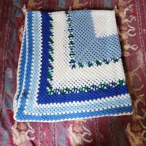Vintage Handmade Afghan in Blues & White 64"x64" Cottagecore